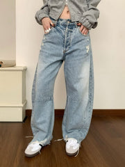 NURO Women's Distressed Wide Leg Jeans, Curved Hem Baggy Denim Pants with Destroyed Details, Vintage Wash Light Blue Streetwear