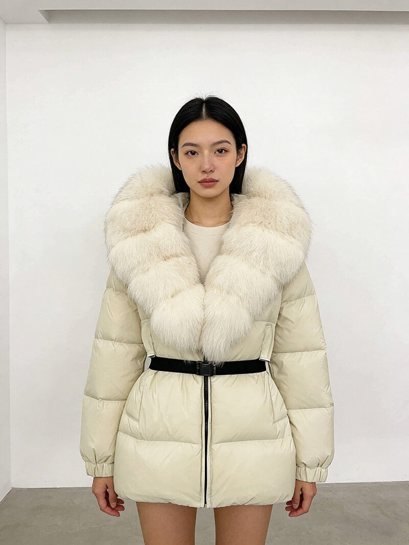 NURO Women's Elegant Belted Fox Fur Hooded Down Jacket - Luxury Slim Fit Long Puffer Coat
