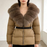 NURO Women's Elegant Belted Fox Fur Hooded Down Jacket - Luxury Slim Fit Long Puffer Coat