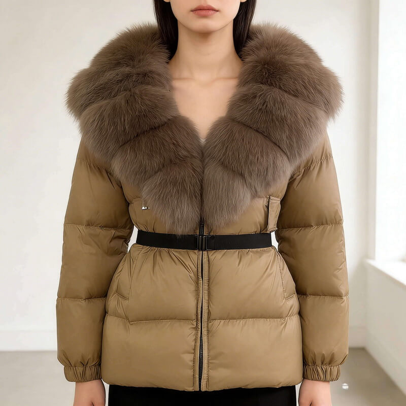 NURO Women's Elegant Belted Fox Fur Hooded Down Jacket - Luxury Slim Fit Long Puffer Coat