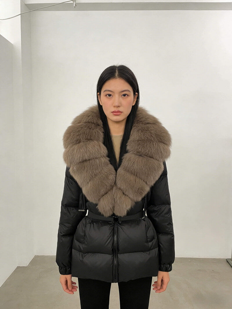 NURO Women's Elegant Belted Fox Fur Hooded Down Jacket - Luxury Slim Fit Long Puffer Coat