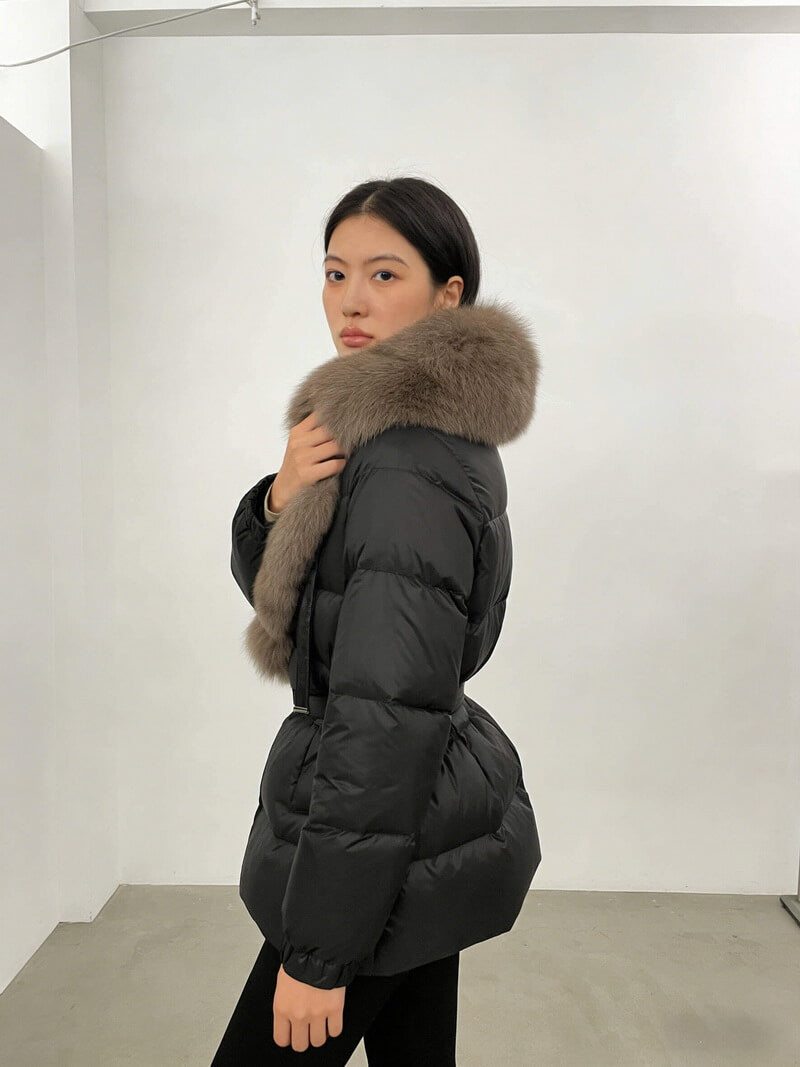 NURO Women's Elegant Belted Fox Fur Hooded Down Jacket - Luxury Slim Fit Long Puffer Coat