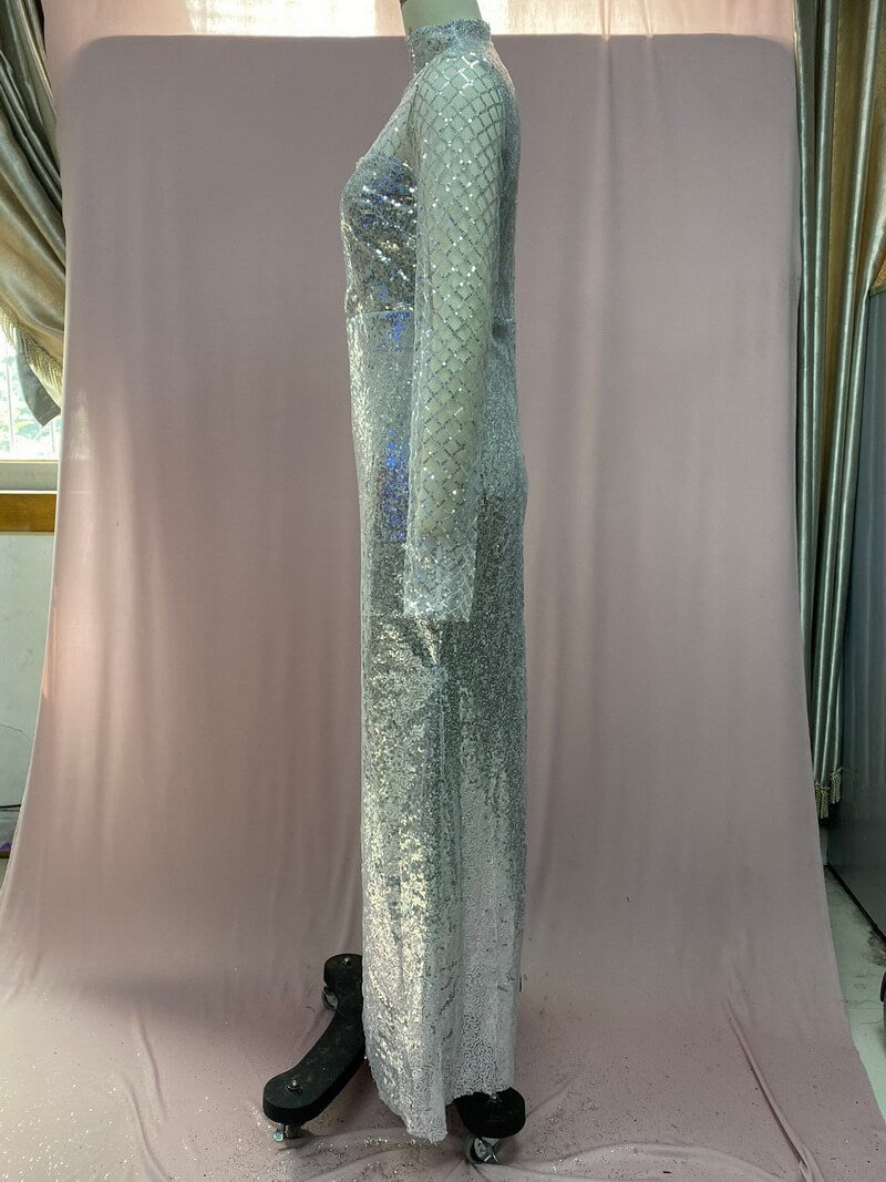 NURO Women's Elegant Off-Shoulder Long Sleeve Sequin Dress - Formal Bodycon Gown with Sheer Mesh