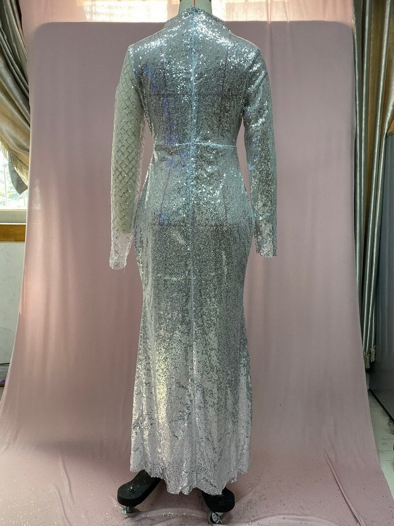 NURO Women's Elegant Off-Shoulder Long Sleeve Sequin Dress - Formal Bodycon Gown with Sheer Mesh