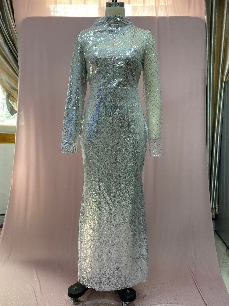 NURO Women's Elegant Off-Shoulder Long Sleeve Sequin Dress - Formal Bodycon Gown with Sheer Mesh