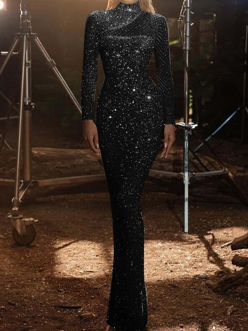 NURO Women's Elegant Off-Shoulder Long Sleeve Sequin Dress - Formal Bodycon Gown with Sheer Mesh