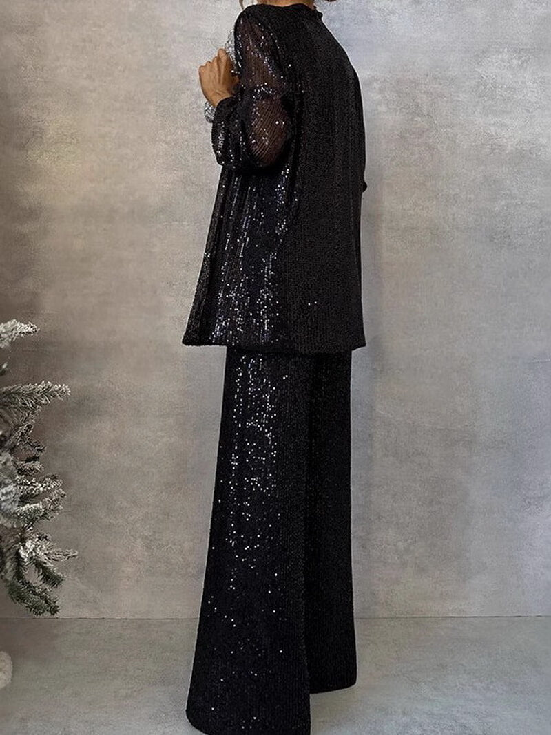 NURO Women's Elegant Sequin Blazer and High-Waisted Trousers Set - Long Sleeve Two-Piece Pant Suit for Office and Evening