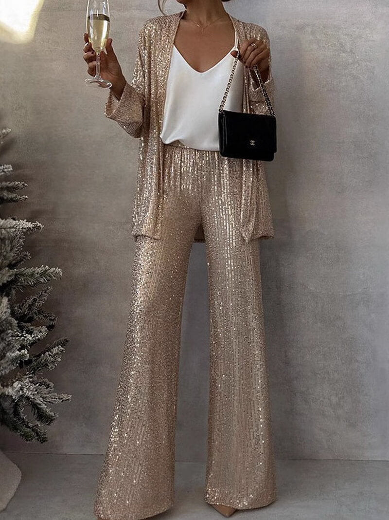 NURO Women's Elegant Sequin Blazer and High-Waisted Trousers Set - Long Sleeve Two-Piece Pant Suit for Office and Evening