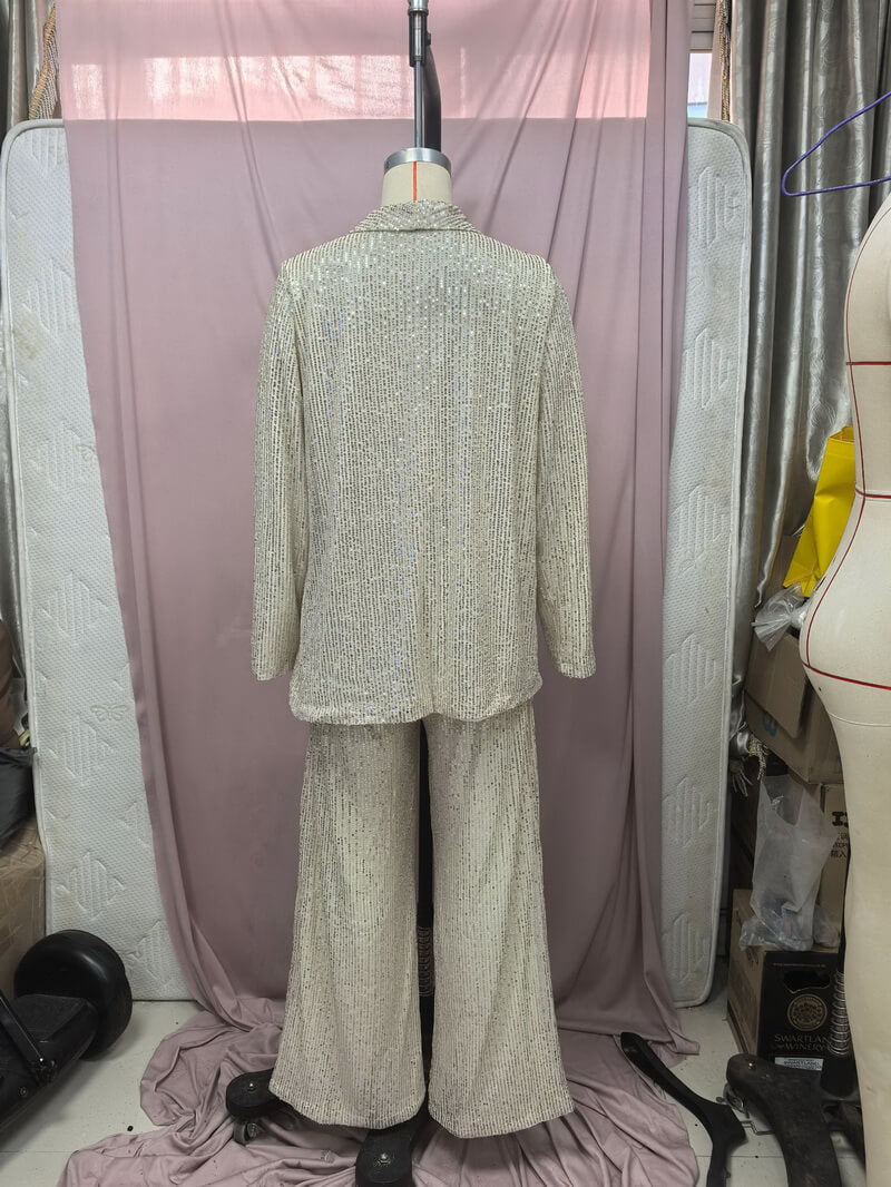 NURO Women's Elegant Sequin Blazer and High-Waisted Trousers Set - Long Sleeve Two-Piece Pant Suit for Office and Evening