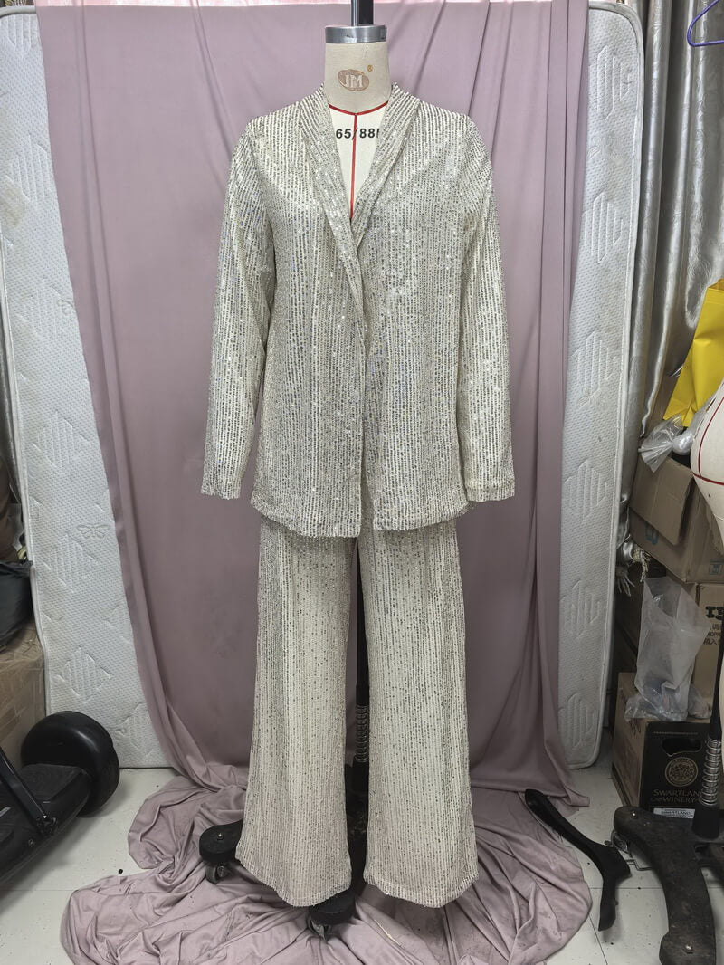 NURO Women's Elegant Sequin Blazer and High-Waisted Trousers Set - Long Sleeve Two-Piece Pant Suit for Office and Evening