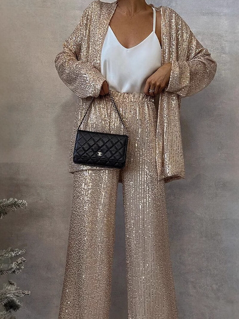 NURO Women's Elegant Sequin Blazer and High-Waisted Trousers Set - Long Sleeve Two-Piece Pant Suit for Office and Evening