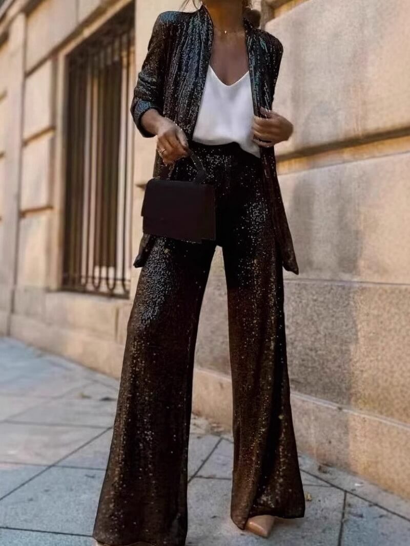 NURO Women's Elegant Sequin Blazer and High-Waisted Trousers Set - Long Sleeve Two-Piece Pant Suit for Office and Evening