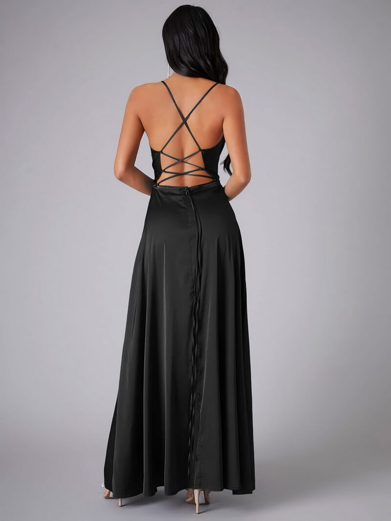 NURO Women's Elegant V-Neck Maxi Dress with Adjustable Back Ties - Long Slip Dress for Formal Events and Evening Wear
