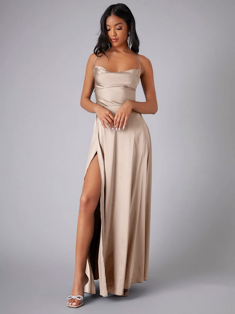 NURO Women's Elegant V-Neck Maxi Dress with Adjustable Back Ties - Long Slip Dress for Formal Events and Evening Wear