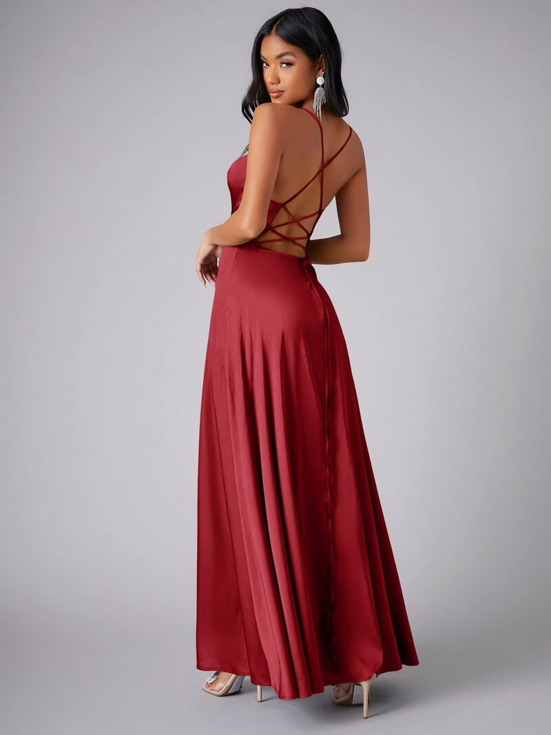 NURO Women's Elegant V-Neck Maxi Dress with Adjustable Back Ties - Long Slip Dress for Formal Events and Evening Wear