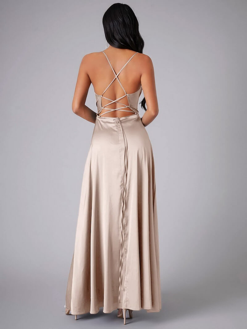 NURO Women's Elegant V-Neck Maxi Dress with Adjustable Back Ties - Long Slip Dress for Formal Events and Evening Wear