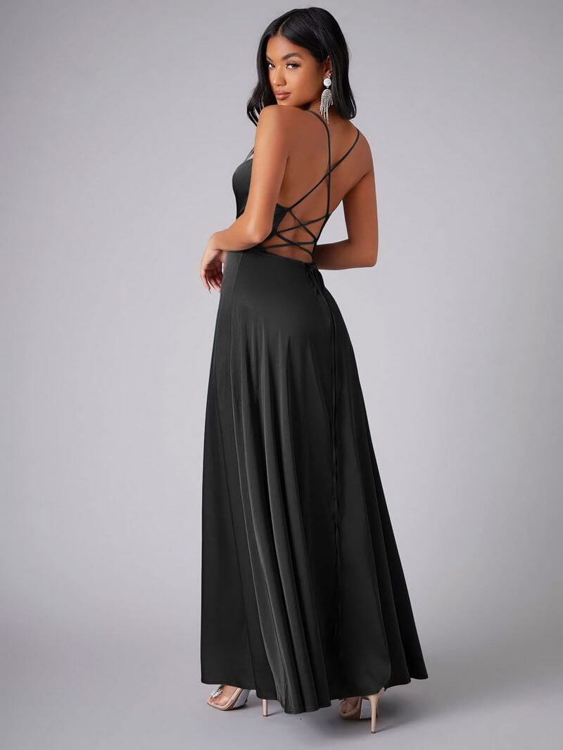 NURO Women's Elegant V-Neck Maxi Dress with Adjustable Back Ties - Long Slip Dress for Formal Events and Evening Wear