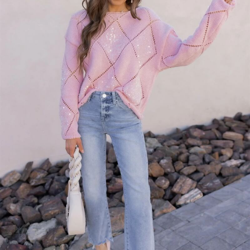 NURO Women's Embellished Knit Sweater, Long Sleeve Crewneck Pullover with Cut-Out and Sequin Details, Fashion Casual Top