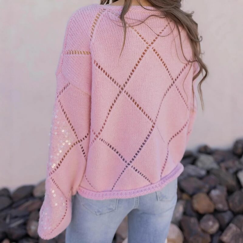 NURO Women's Embellished Knit Sweater, Long Sleeve Crewneck Pullover with Cut-Out and Sequin Details, Fashion Casual Top