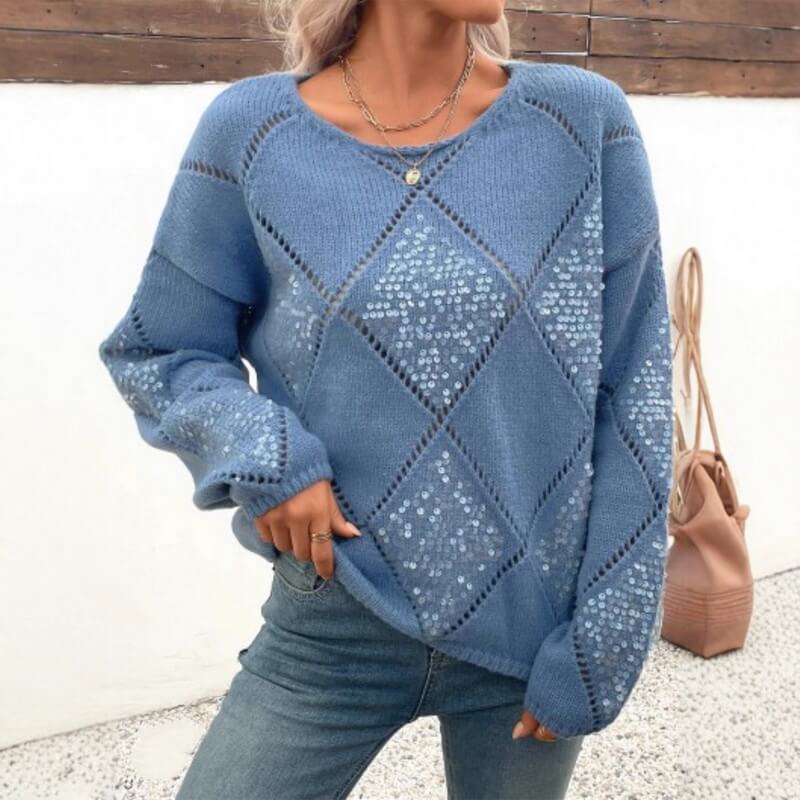 NURO Women's Embellished Knit Sweater, Long Sleeve Crewneck Pullover with Cut-Out and Sequin Details, Fashion Casual Top