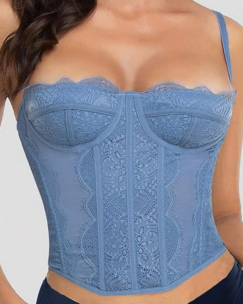 NURO Women's Eyelash Lace Boned Bustier Crop Top