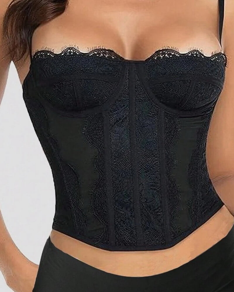 NURO Women's Eyelash Lace Boned Bustier Crop Top