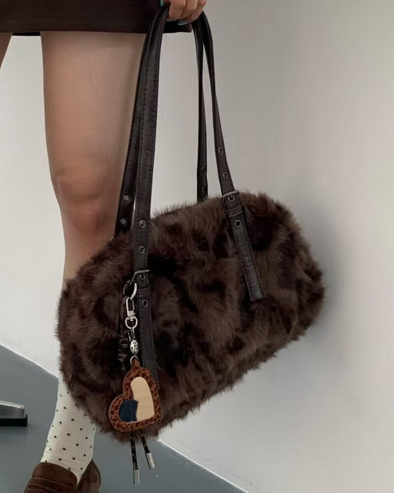 NURO Women's Faux Fur Bucket Bag with Bead Detail Shoulder Crossbody Bag