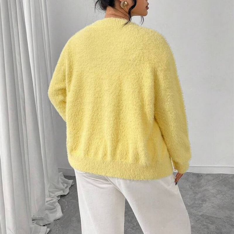 NURO Women's Faux Fur Cardigan, Long Sleeve V-Neck Knit Open Front Sweater with Heart Buttons, Cozy Plush Lounge Coat