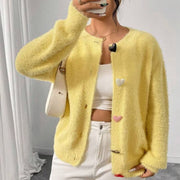 NURO Women's Faux Fur Cardigan, Long Sleeve V-Neck Knit Open Front Sweater with Heart Buttons, Cozy Plush Lounge Coat