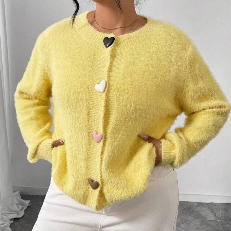 NURO Women's Faux Fur Cardigan, Long Sleeve V-Neck Knit Open Front Sweater with Heart Buttons, Cozy Plush Lounge Coat