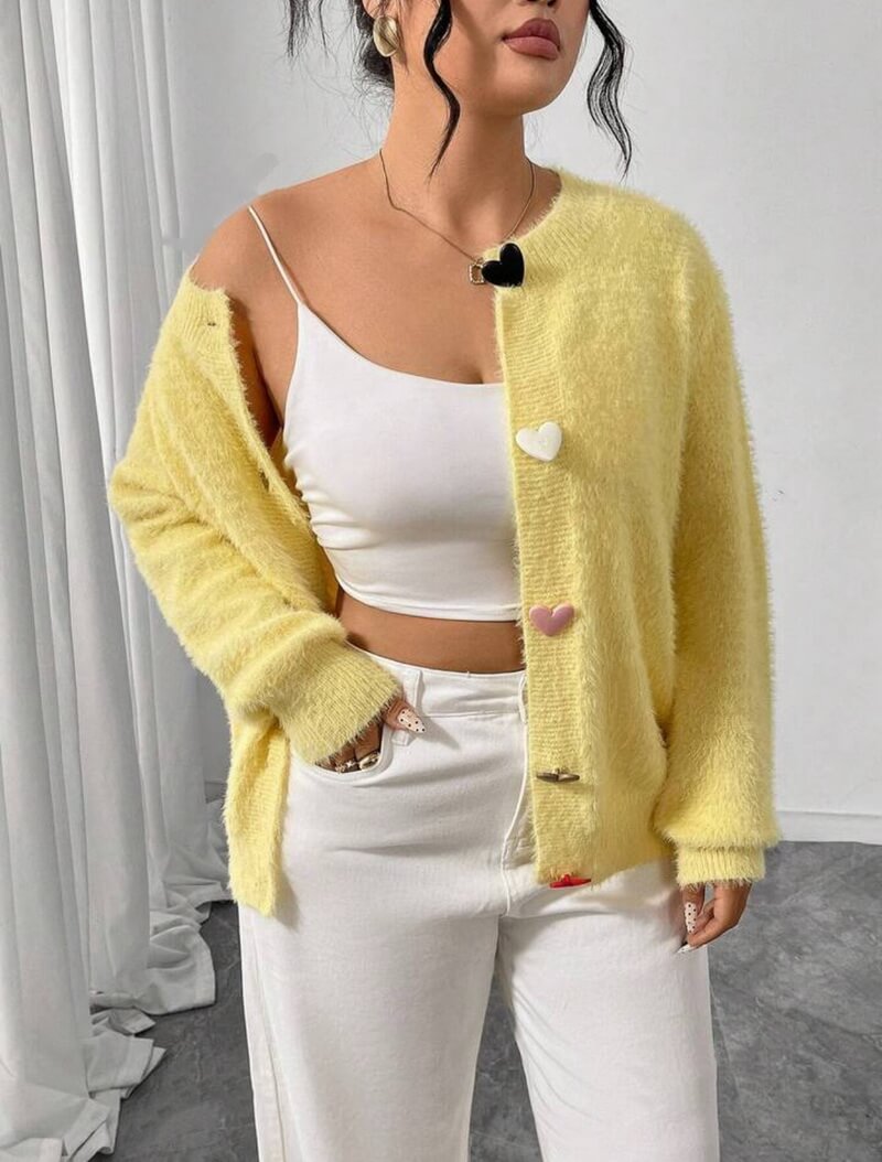 NURO Women's Faux Fur Cardigan, Long Sleeve V-Neck Knit Open Front Sweater with Heart Buttons, Cozy Plush Lounge Coat