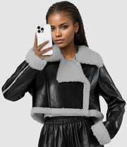 NURO Women's Faux Fur Collar Cropped PU Leather Jacket, V-Neck Loose Fit Biker Style Coat