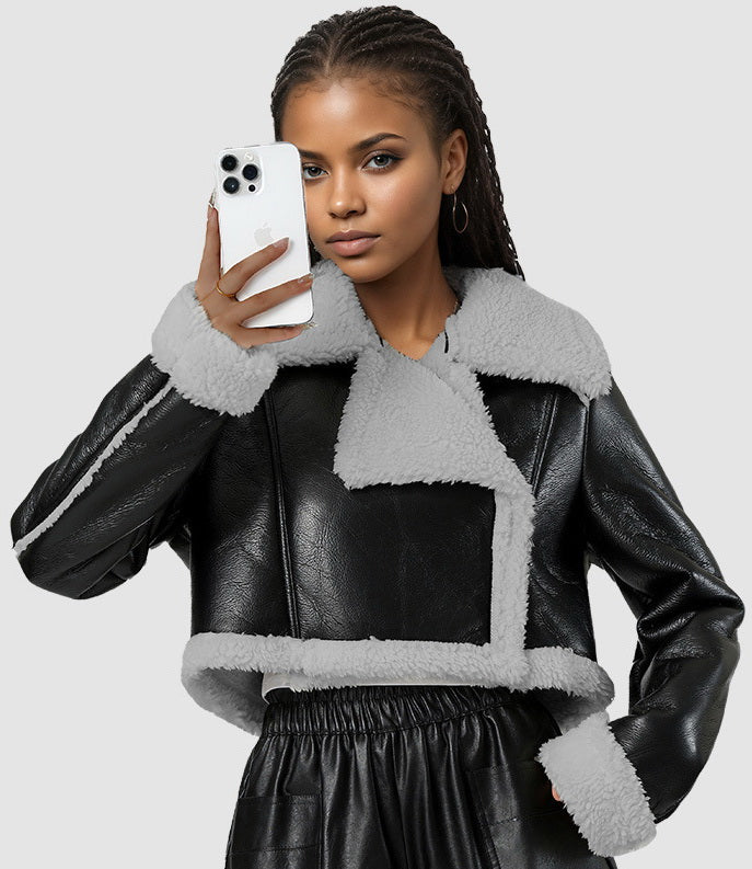 NURO Women's Faux Fur Collar Cropped PU Leather Jacket, V-Neck Loose Fit Biker Style Coat