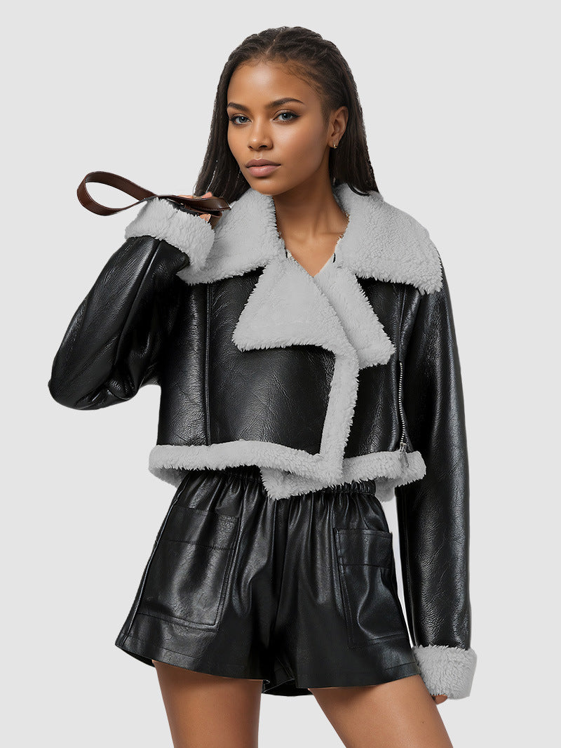 NURO Women's Faux Fur Collar Cropped PU Leather Jacket, V-Neck Loose Fit Biker Style Coat