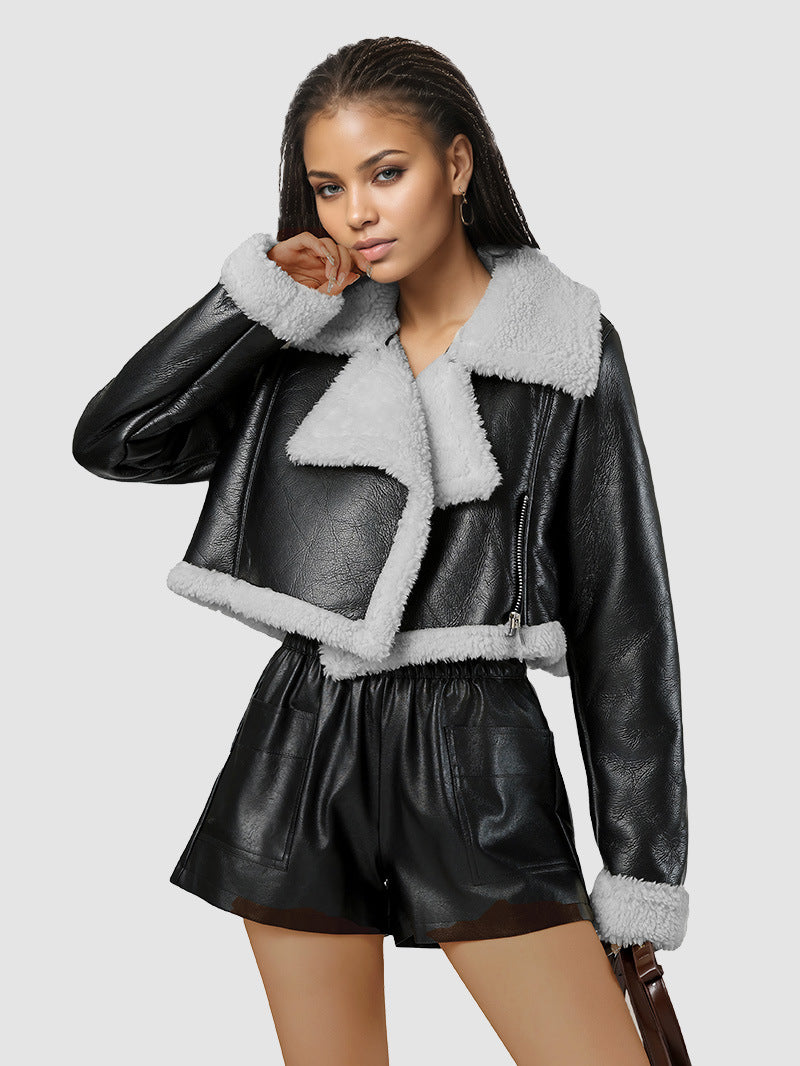 NURO Women's Faux Fur Collar Cropped PU Leather Jacket, V-Neck Loose Fit Biker Style Coat