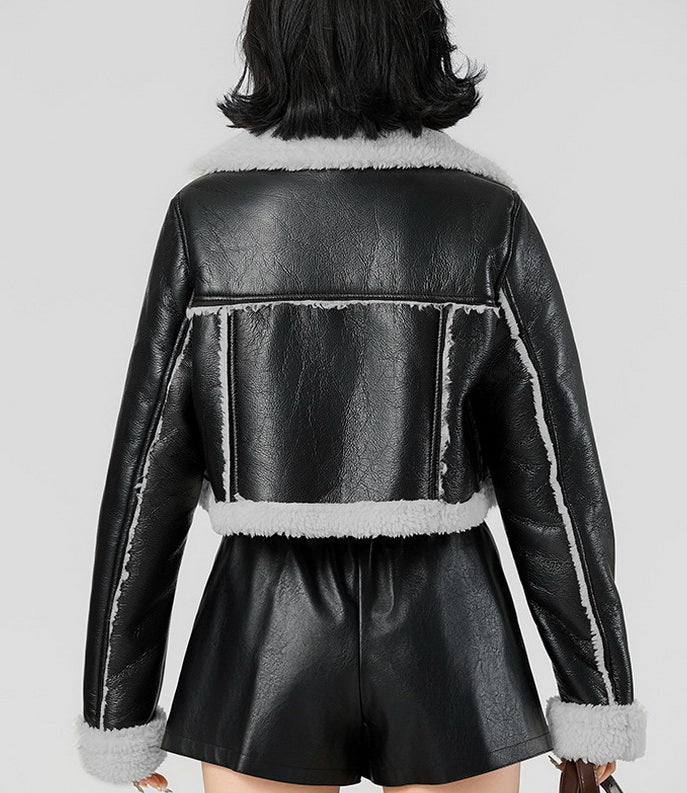 NURO Women's Faux Fur Collar Cropped PU Leather Jacket, V-Neck Loose Fit Biker Style Coat