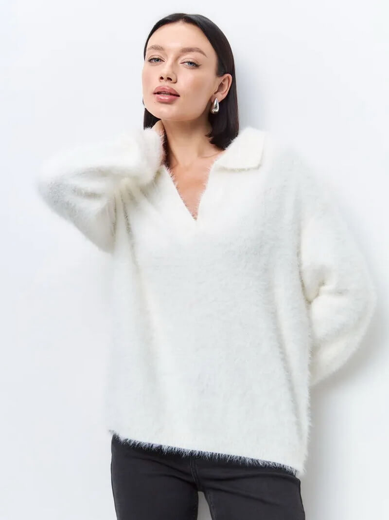 NURO Women's Faux Fur Collar Knit Sweater, Loose Fit Turn-Down Neck Pullover