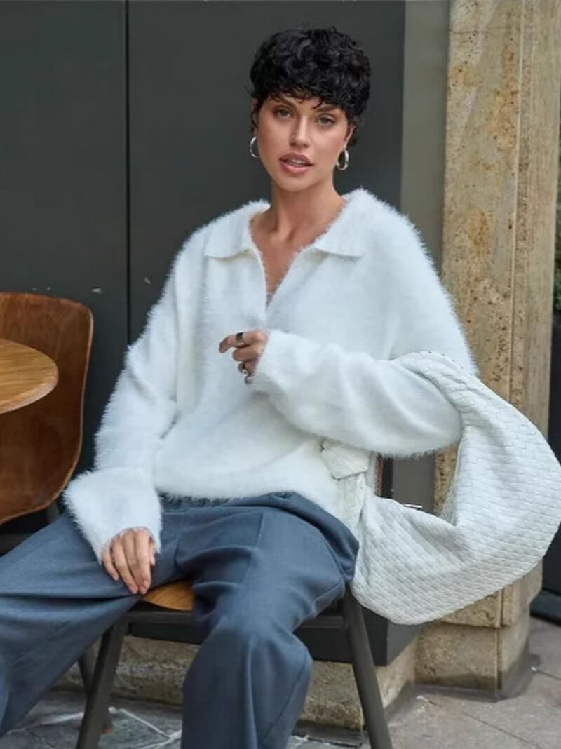 NURO Women's Faux Fur Collar Knit Sweater, Loose Fit Turn-Down Neck Pullover