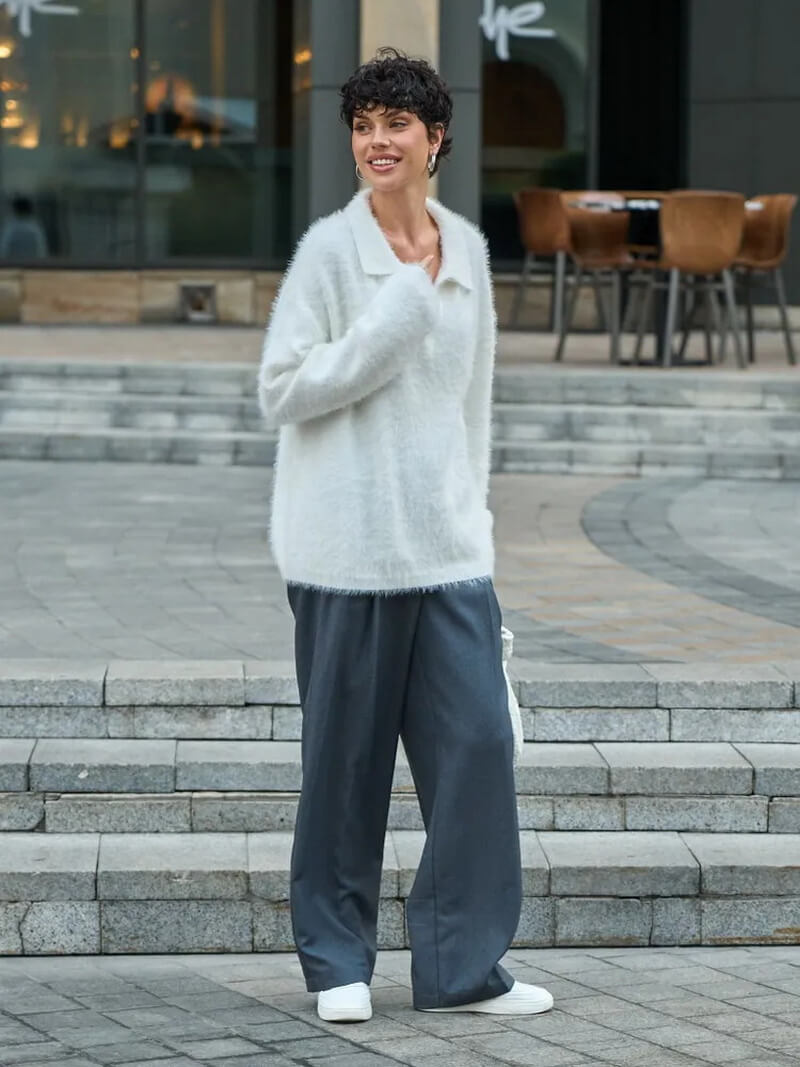 NURO Women's Faux Fur Collar Knit Sweater, Loose Fit Turn-Down Neck Pullover