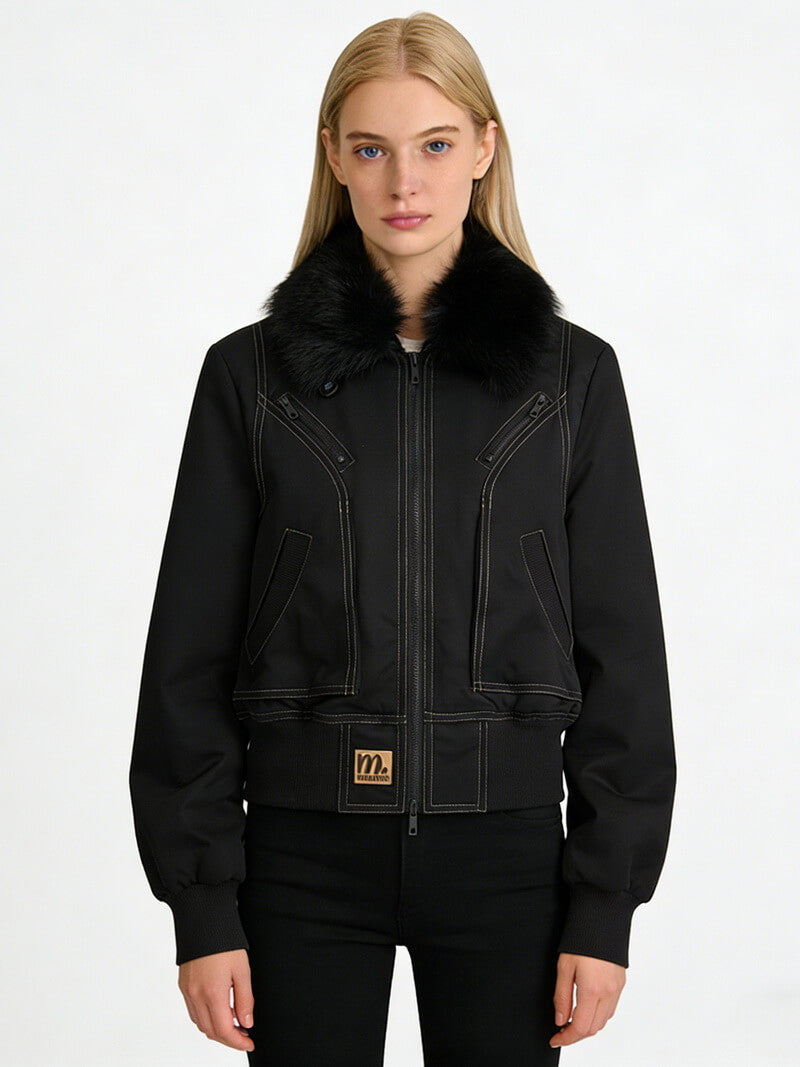 NURO Women's Faux Fur Collar Loose Fit Split Design Jacket, Long Sleeve Autumn Coat