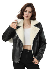 NURO Women's Faux Fur Collar PU Leather Jacket, Quilted Winter Coat with Pockets