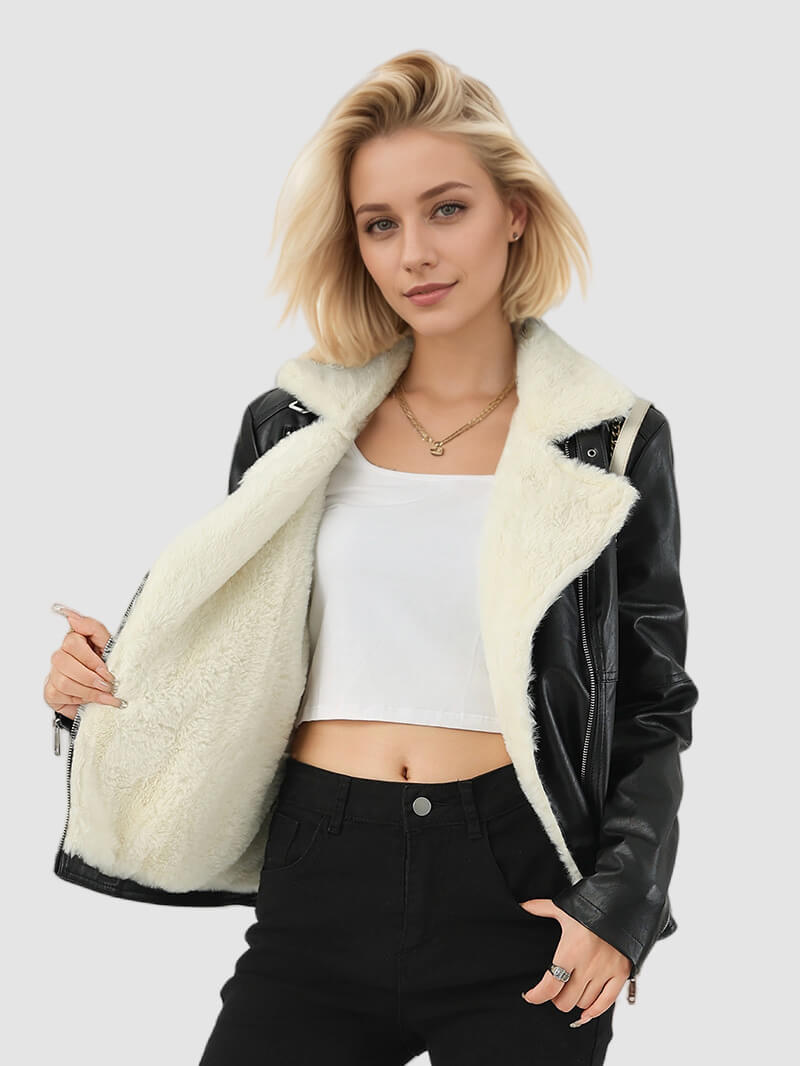 NURO Women's Faux Fur Collar PU Leather Jacket, Quilted Winter Coat with Pockets