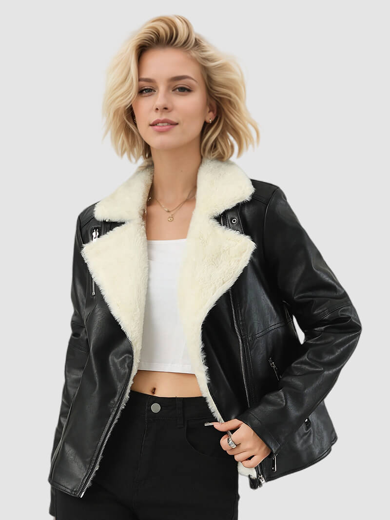 NURO Women's Faux Fur Collar PU Leather Jacket, Quilted Winter Coat with Pockets