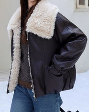 NURO Women's Faux Fur Hooded Padded PU Leather Jacket Loose Fit Coat