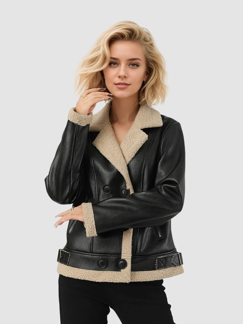 NURO Women's Faux Fur Lined PU Leather Jacket, Double-Breasted Trench Style Coat