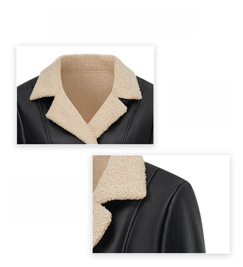 NURO Women's Faux Fur Lined PU Leather Jacket, Double-Breasted Trench Style Coat