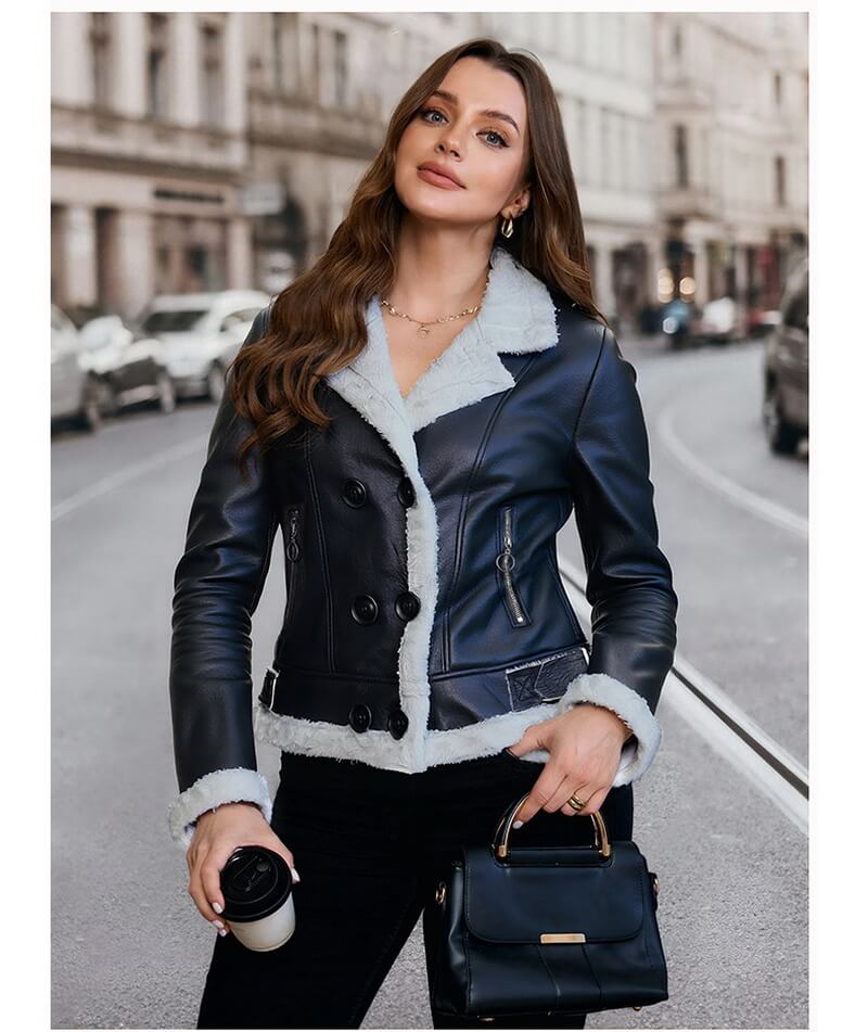 NURO Women's Faux Fur Lined PU Leather Jacket, Double-Breasted Trench Style Coat