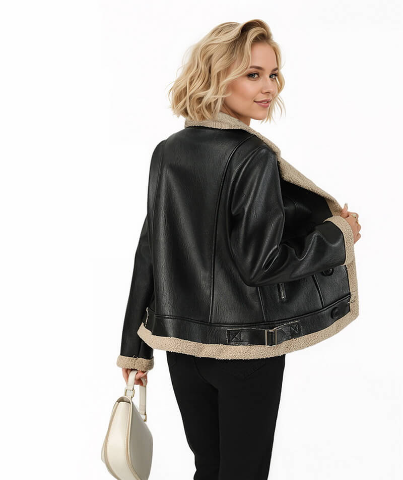 NURO Women's Faux Fur Lined PU Leather Jacket, Double-Breasted Trench Style Coat