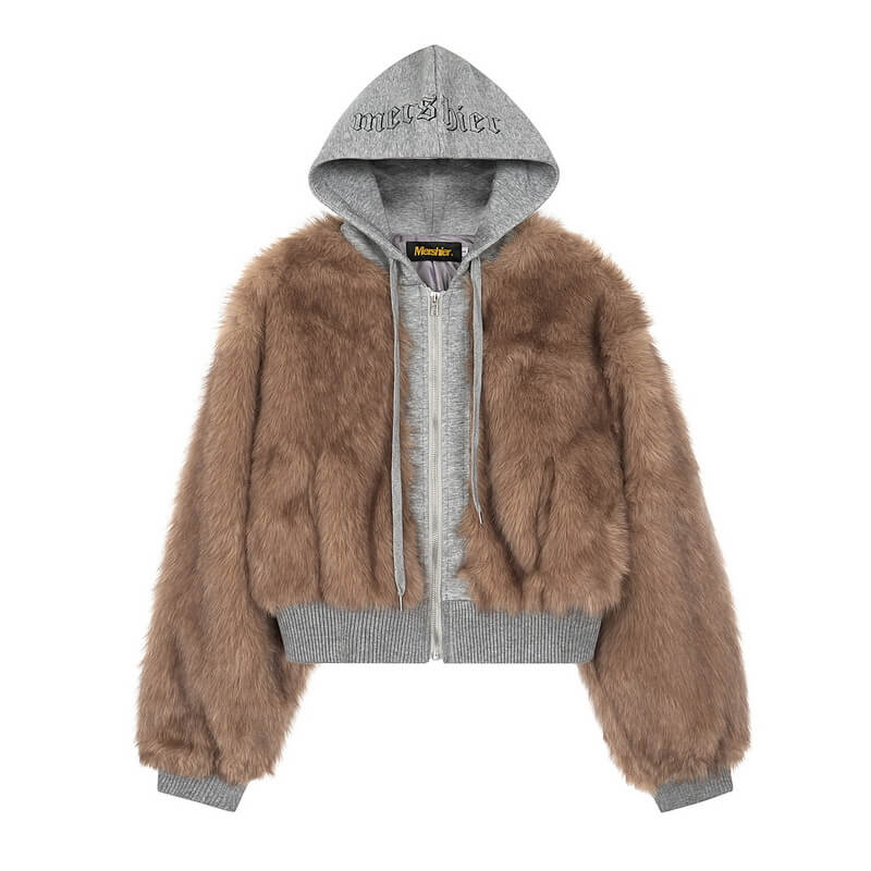 NURO Women's Faux Fur Panel Hooded Jacket, Retro Plush Bomber Style Coat