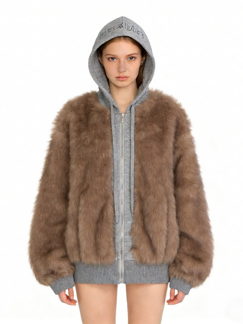 NURO Women's Faux Fur Panel Hooded Jacket, Retro Plush Bomber Style Coat